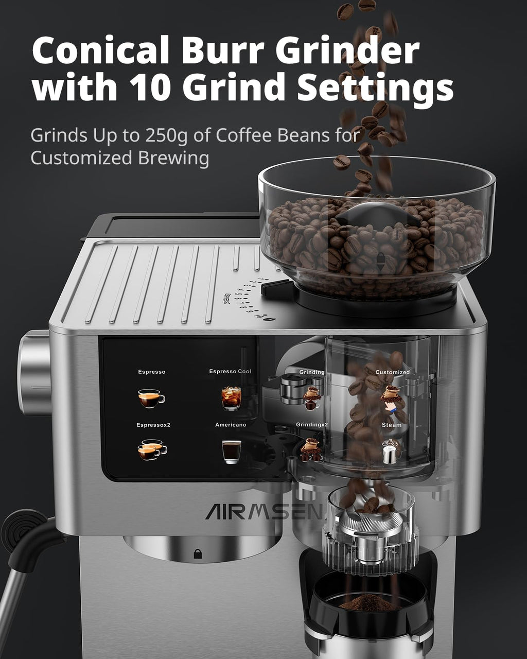 Espresso Machine with Grinder, 20 Bar, Milk Frothing Steam Wand