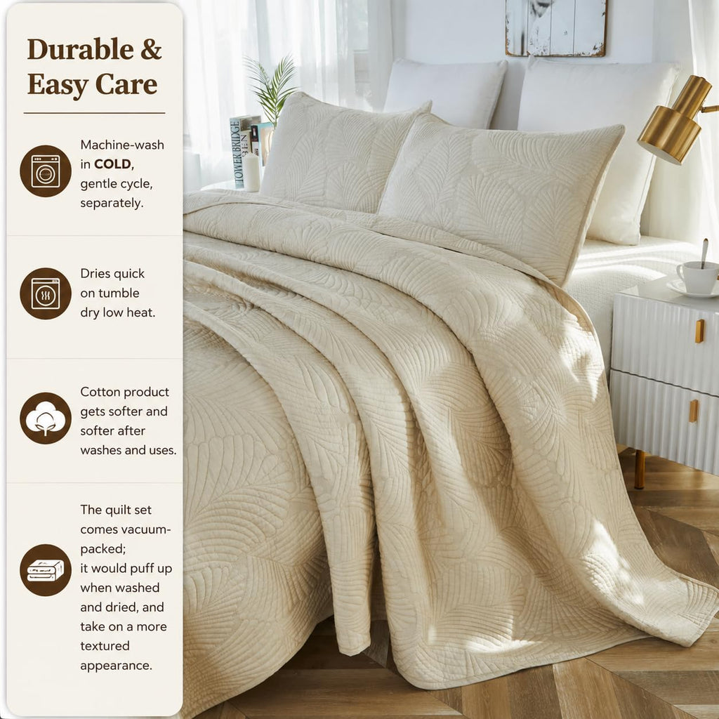 Beige Palm Stitch Quilt Set 100% Cotton Luxury Embroidered Palm Leaf Bedding Premium Summer Tropical Quilt