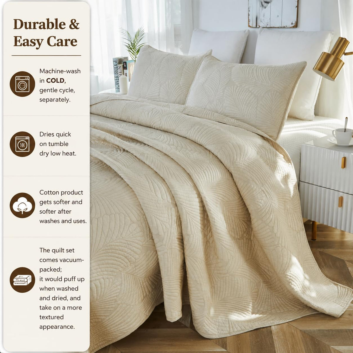 Beige Palm Stitch Quilt Set 100% Cotton Luxury Embroidered Palm Leaf Bedding Premium Summer Tropical Quilt