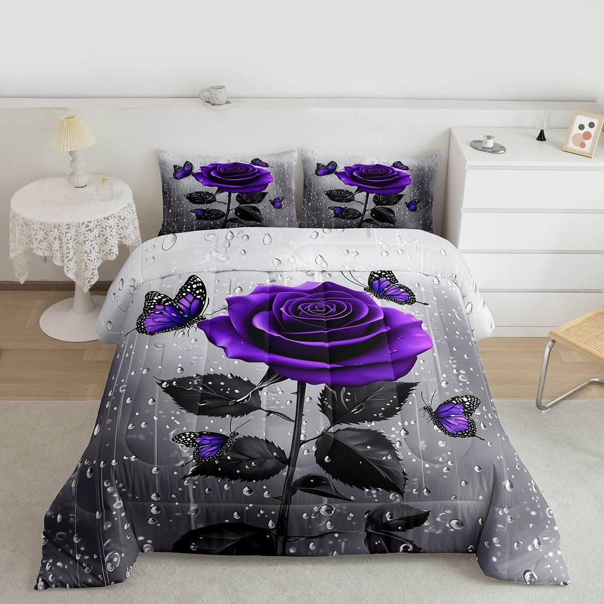 3D Rose Comforter Set - Rose Floral Print Bedding Set With Romantic Flowers, Butterfly Duvet Set, Quilt