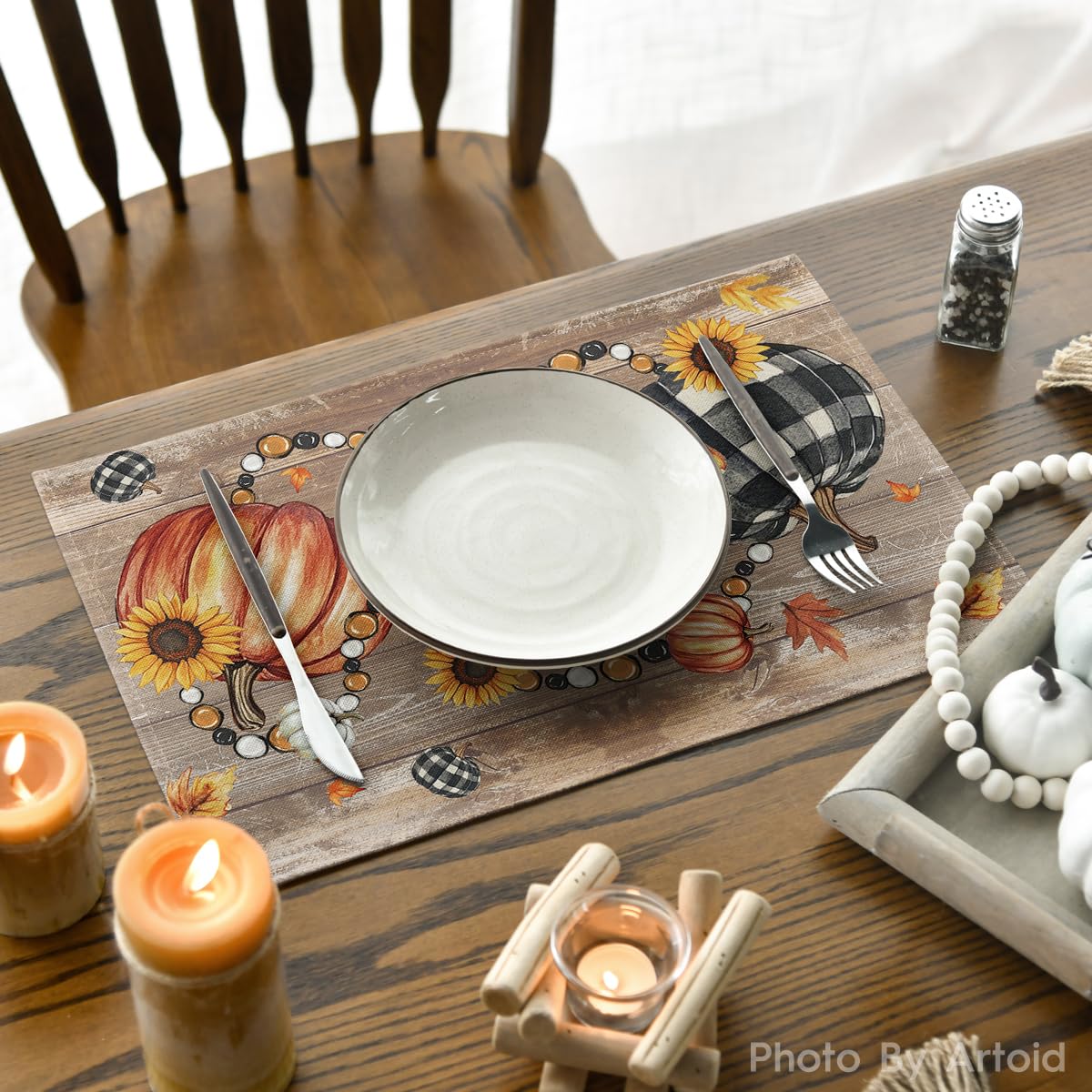 Wood Pumpkins Sunflowers Fall Placemats Set of 6-12 x 18 Inch