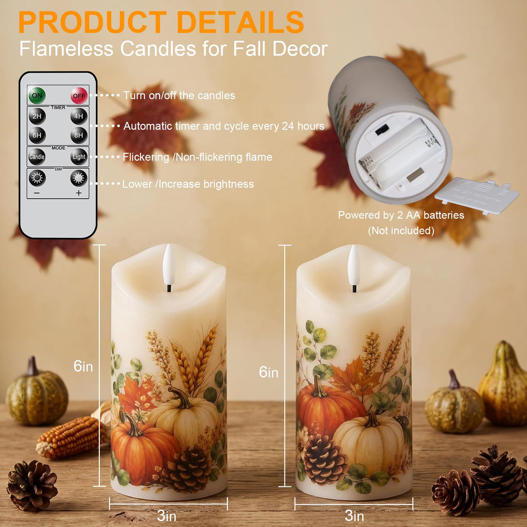 Fall Decor, Flameless Pumpkin Pillar Candles with Remote