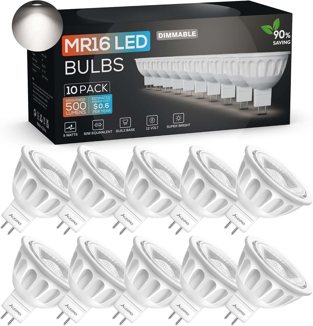 Dimmable MR16 LED Bulbs 10 Pack,5W 5000K Daylight 500LM (50W Equivalent) AC/DC 12V GU5.3 Bi-Pin Base 40° Beam Angle