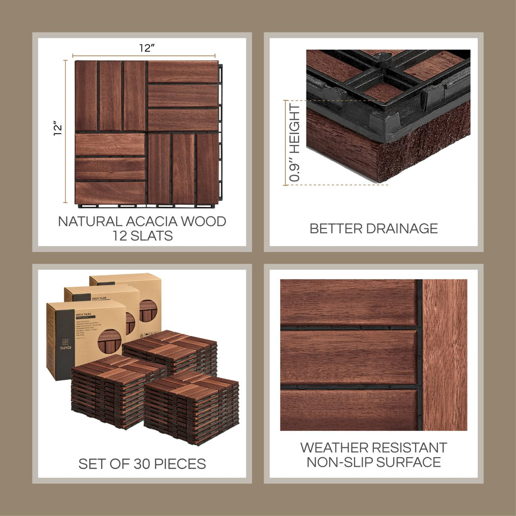 Deck Tiles, Patio Flooring - Outdoor Waterproof Acacia Wood Tiles for All Weather Use - Balcony, Backyard, Indoor &