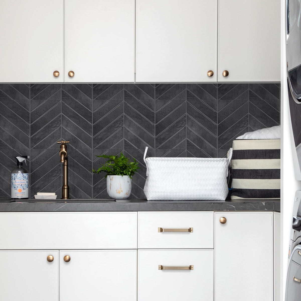 Herringbone Peel and Stick Backsplash, Shiny Black, 10 Sheets