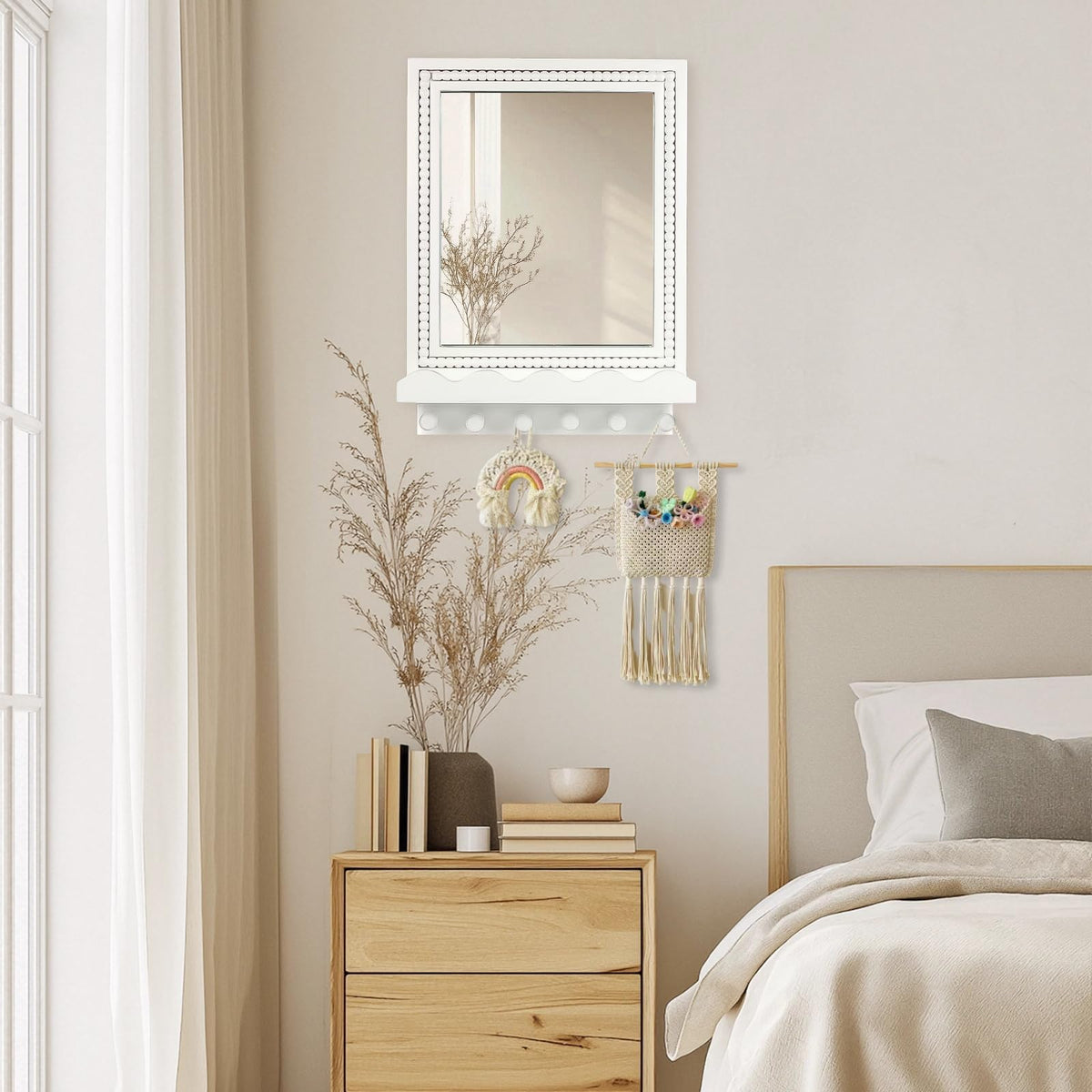 16x12 Inch Wall Mount Beaded Wood Framed Mirror with Shelf and 6 Hooks, White Decorative Entryway Mirror with Storage
