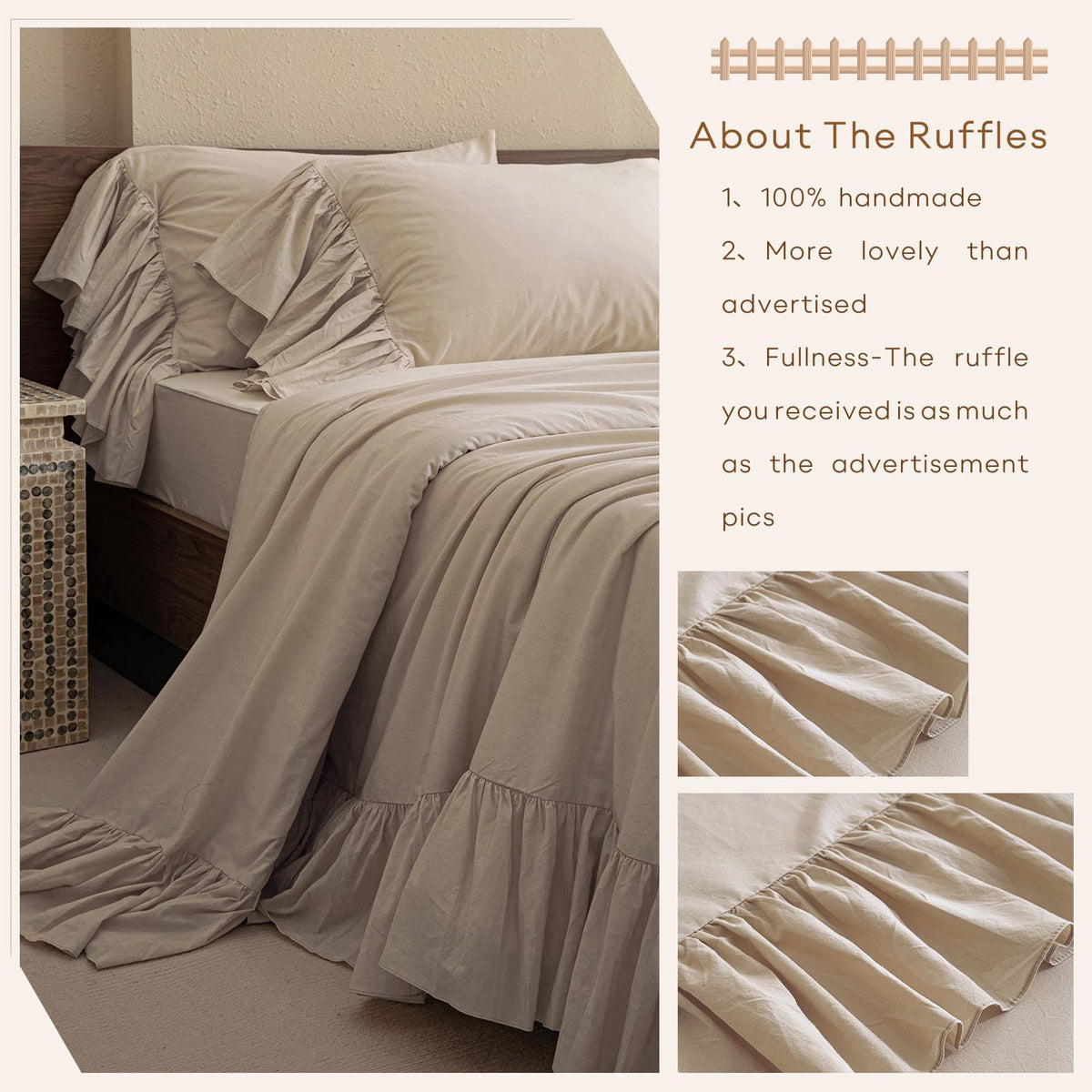 100% Cotton Sheet Set, Ruffle Bed Sheets Linen Feel Textured Farmhouse Shabby Vintage Chic Bedding 4 Pieces