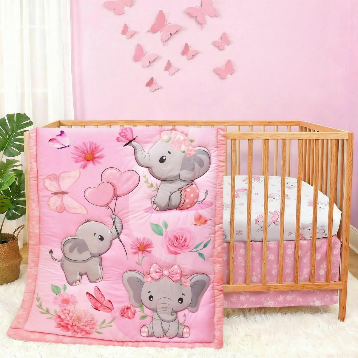 Baby Girl Crib Bedding Set Pink Elephant Crib Nursery Comforter Bed Sets Decor with Fitted Crib Sheet, Comforter and