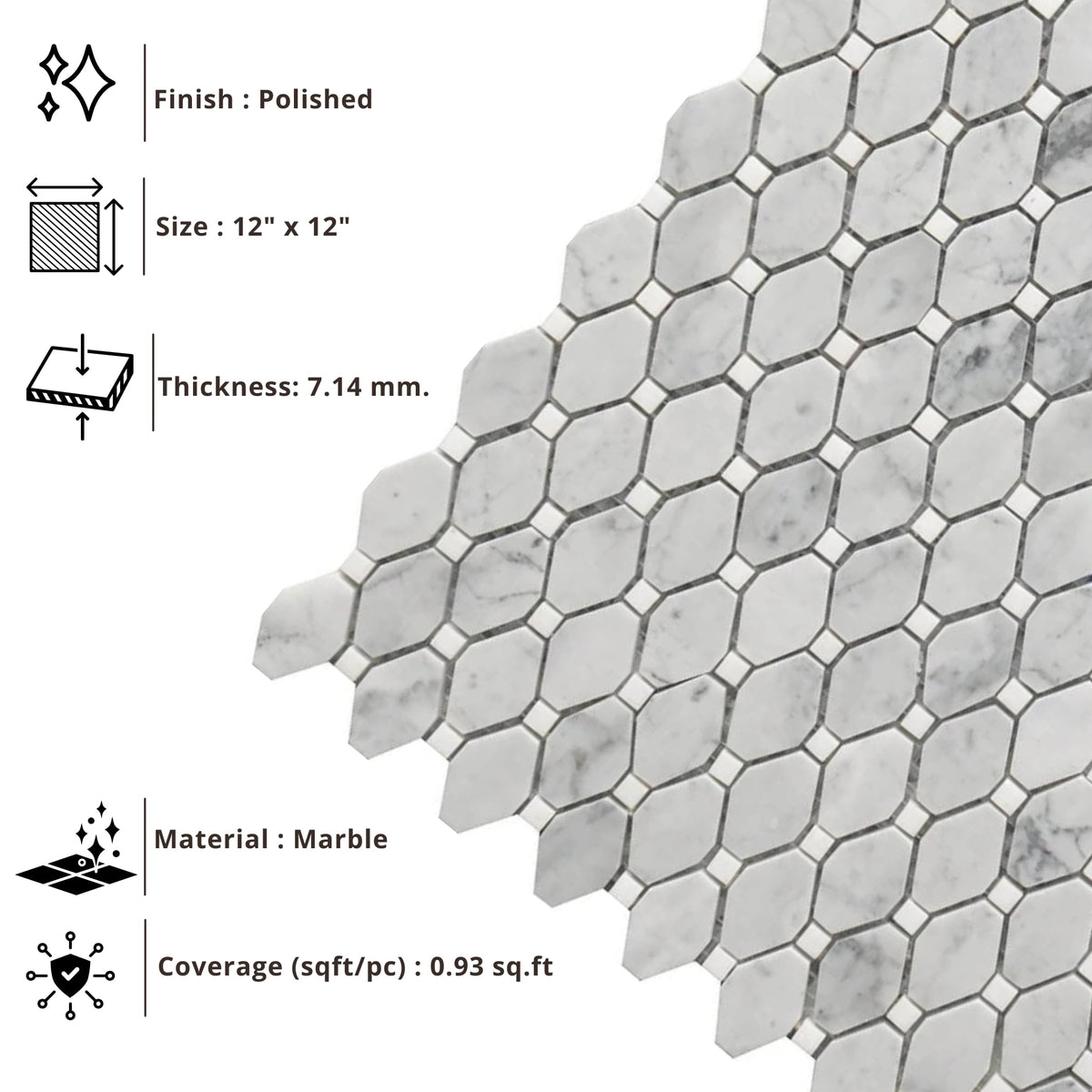 Carrara White Marble Small Rhombus Mosaic Tile - 12x12 Inch Mesh-Mounted Sheet - Natural Marble Geometric Mosaic for