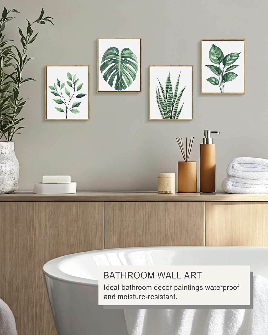 Botanical Canvas Framed Wall Art Watercolor Green Leaf Tropical Plant Art Prints Boho Decor Bathroom Kitchen Home
