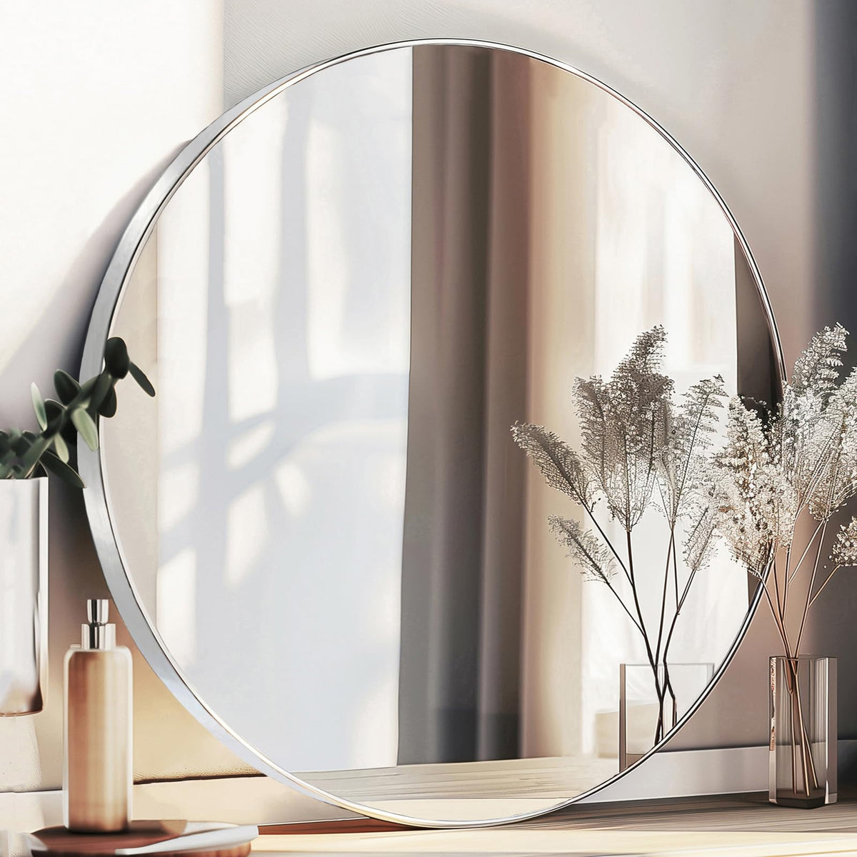 Round Mirror 22 inch, Nickel Bathroom Mirror, Brushed Metal Frame