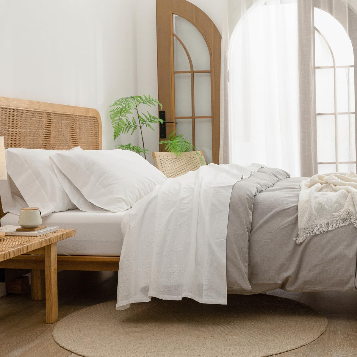 100% Washed Cotton Linen Feel Sheet Set, Solid Off White