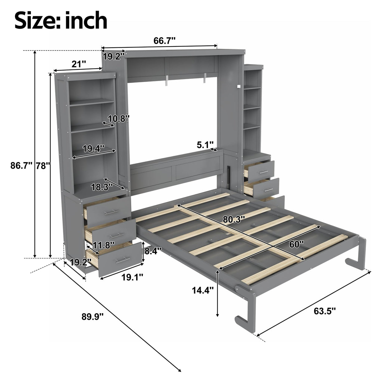 Queen Murphy Bed with Storage Shelves and Drawers, Solid Wood Foldable Hidden Vertical Murphy Wall Bed with Storage