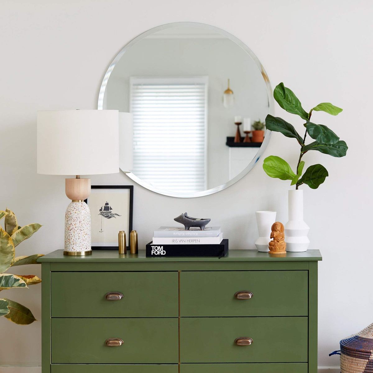 Frameless Round Mirror, 30" Diameter Circle Bathroom Wall Mirror w/Beveled Edge