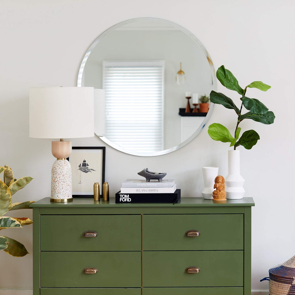 Frameless Round Mirror, 18" Diameter Circle Bathroom Wall Mirror w/Beveled Edge