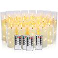 24 Pcs LED Flameless Candles with Remote, 3D Flickering Flame & LED String Lights, Acrylic Clear Cylinder, Timer