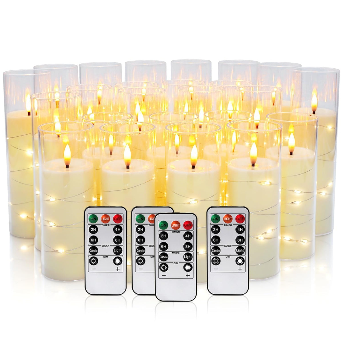 24 Pcs LED Flameless Candles with Remote, 3D Flickering Flame & LED String Lights, Acrylic Clear Cylinder, Timer
