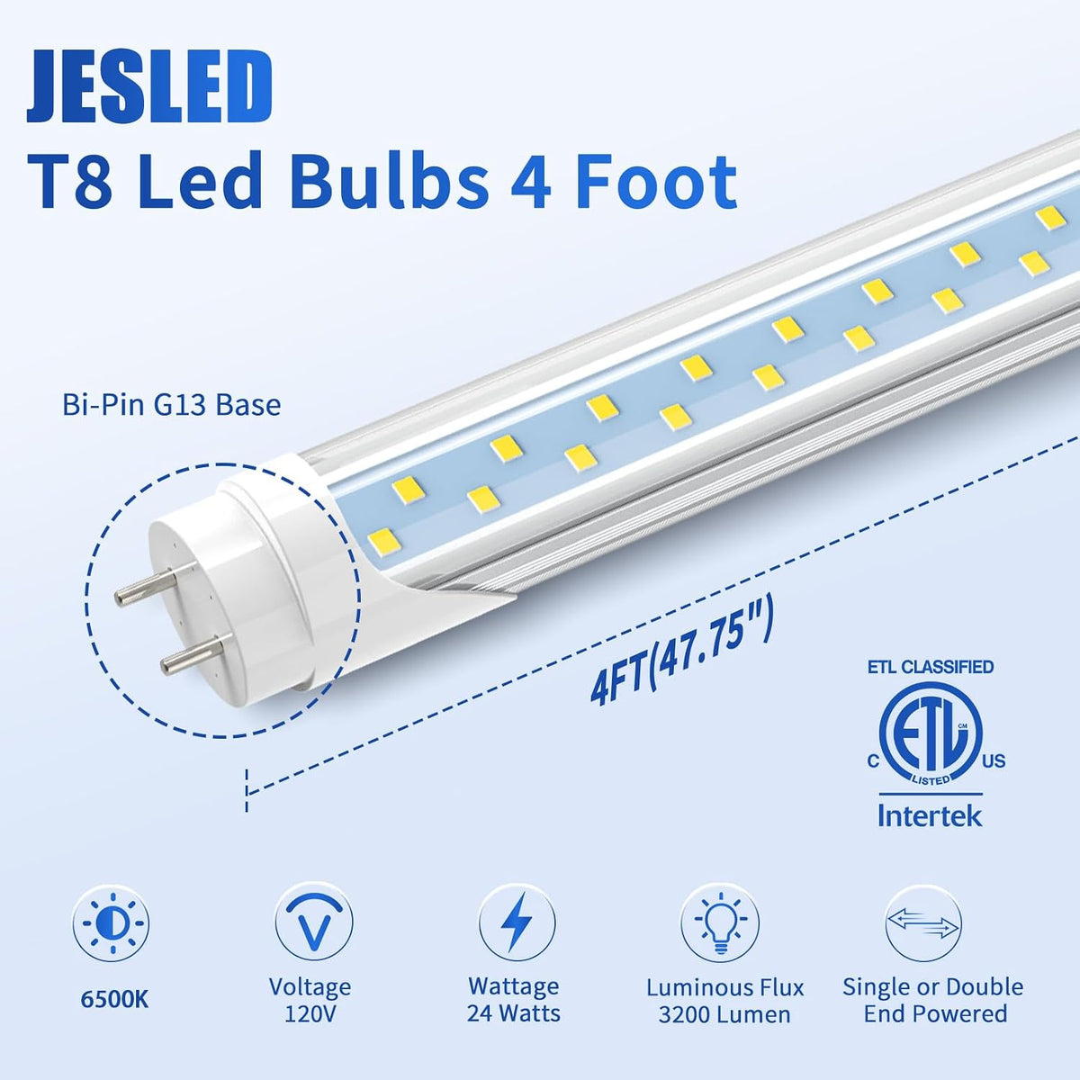 T8 4FT LED Type A+B Light Bulbs, 24W 3200LM 5000K Daylight White, Plug and Play or Ballast Bypass, 4 Foot Flourescent