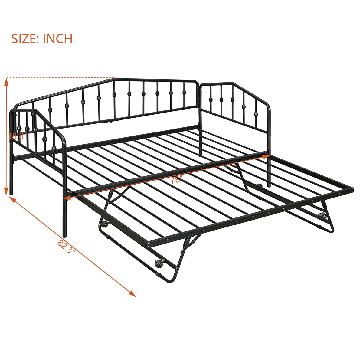 Daybed with Trundle, Metal Daybed with Vintage Headboard, to Extendable Bed Frame, No Box Spring