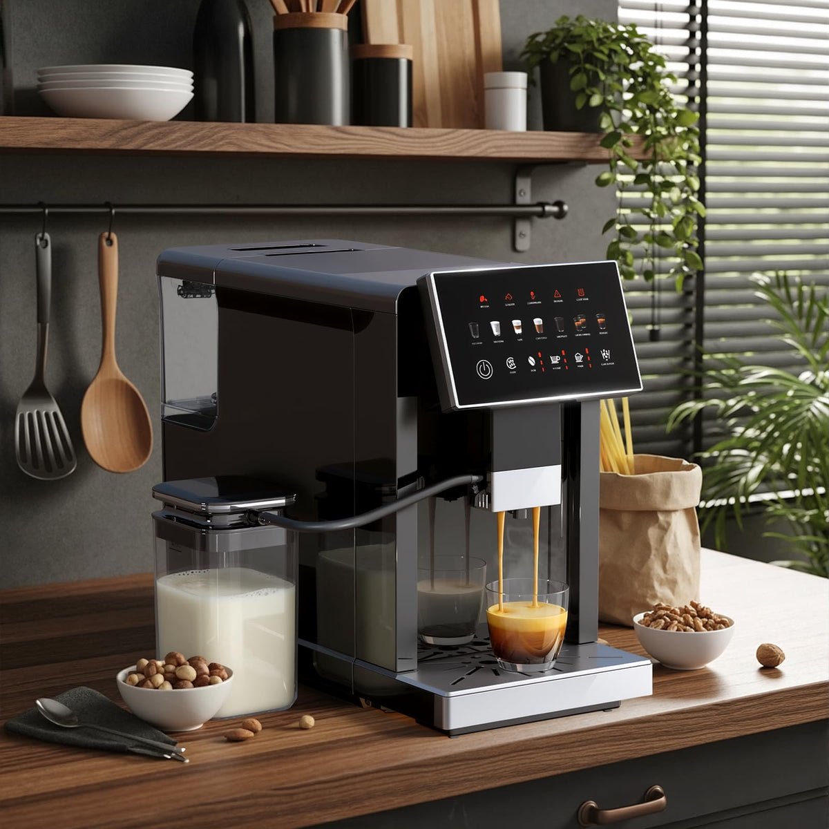 Fully Automatic Coffee Machine, 20 Bar Automatic Espresso Machine, Coffee Maker with Grinder for 15 Settings, Auto