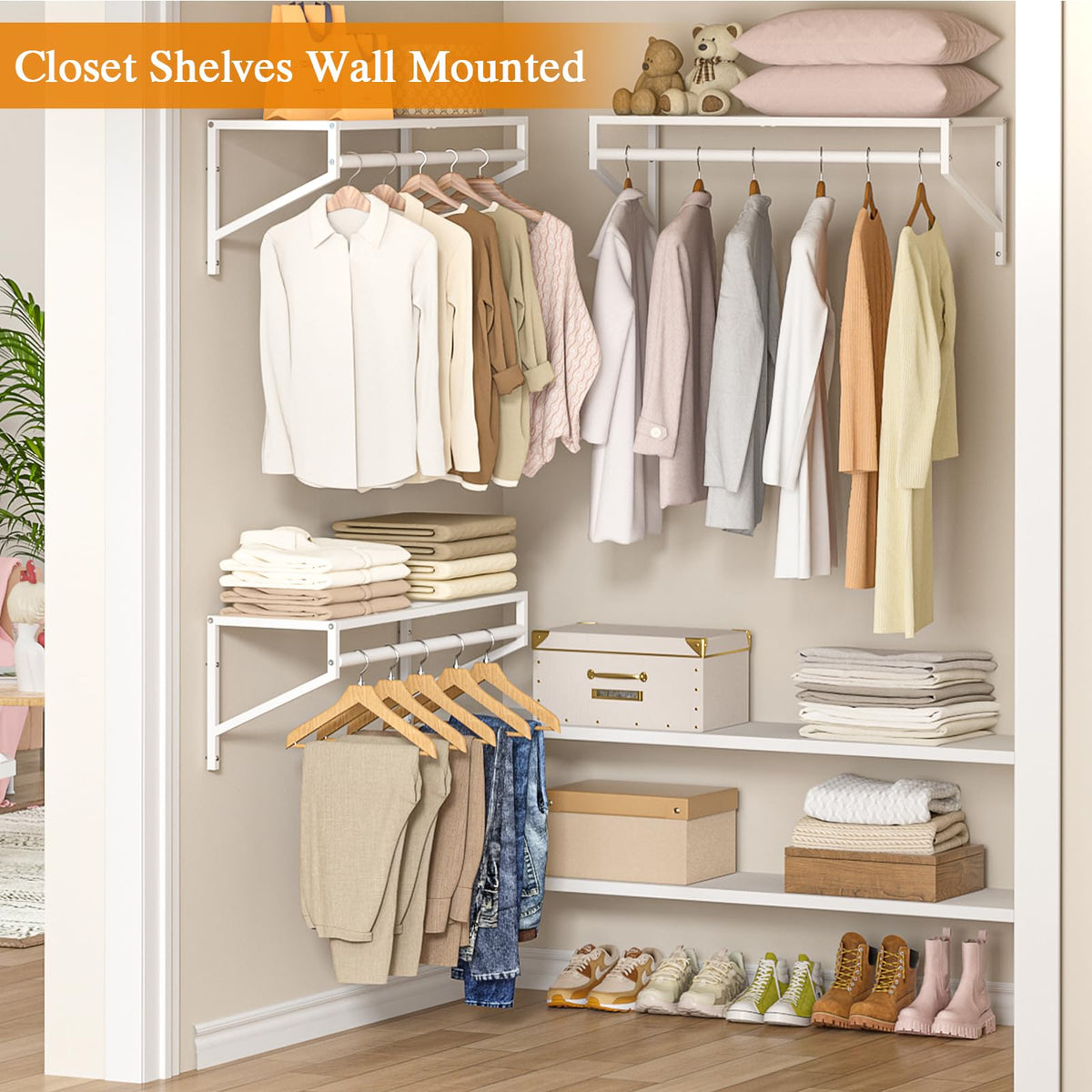 3 Pack Closet Shelves Wall Mounted, 2.7 ft x 11.8in Wire Closet Shelf with Hanging Rod, White Metal Clothes