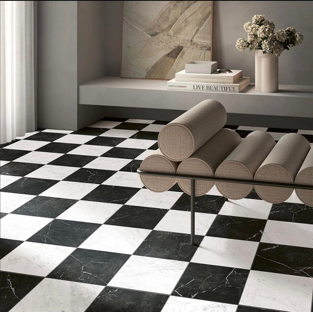 Palazzo Checkerboard | 12"x12" Porcelain Marble Look Floor & Wall Tile (Blanc/Nero, Carton)