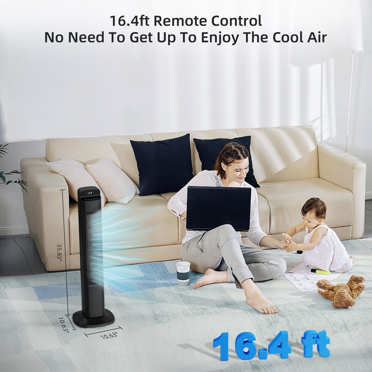 Portable Tower Fan, 80°Oscillation Fan, with Remote Control, Standing Bladeless Fan, 5 Speeds and 3 Modes, Low Noise