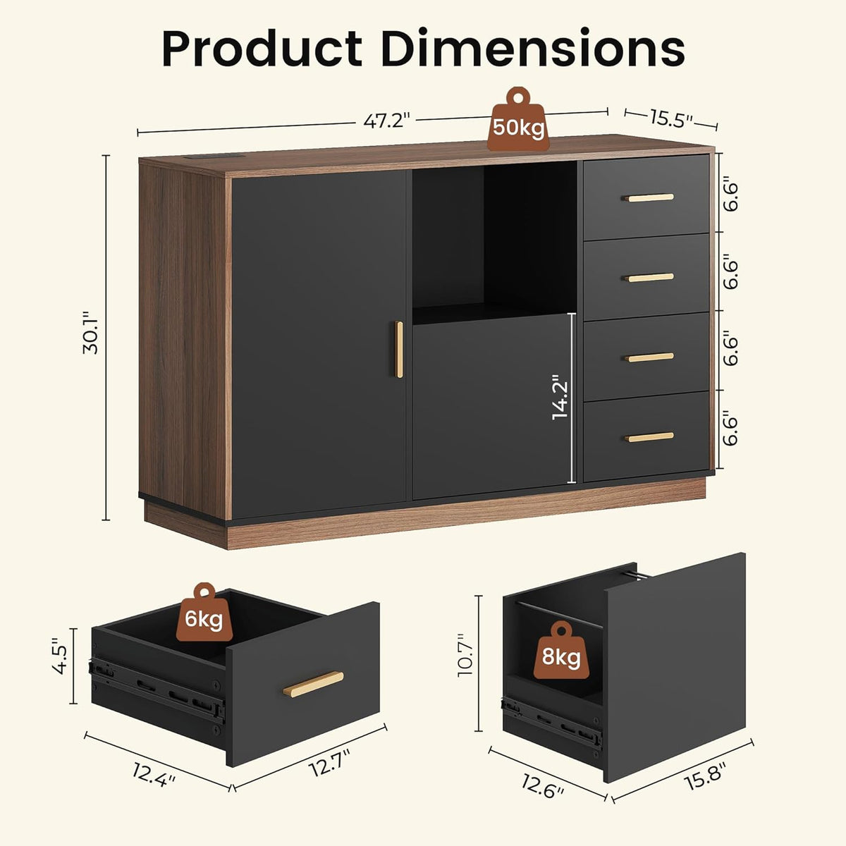 47.2" File Cabinet with 5 Drawer & Door, Charging Station | Office Storage Cabinet with Adjustable Shelves, Fits