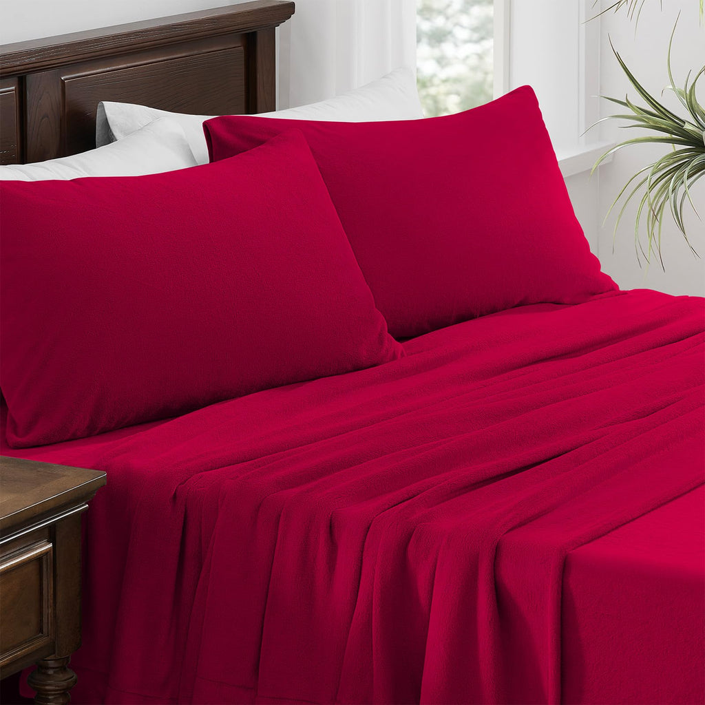 Flannel Fleece Sheet Set Red-Ultra Soft Anti-Static Plush Bedding, 4 Piece(1 Fitted Sheet80×78"×16", 1 Flat