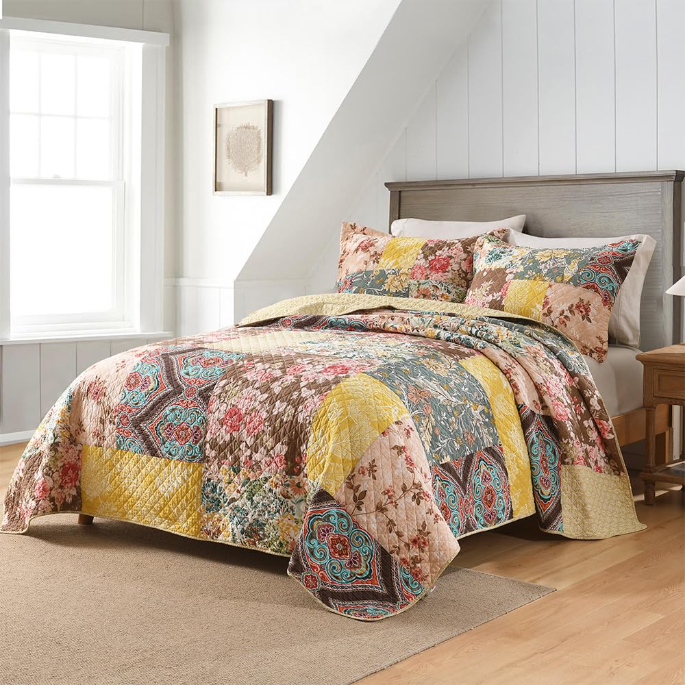 Cotton Quilt, Soft Breathable Bedspread with 2 Shams, Rustic Luxury Paisley Patchwork Quilt, Reversible