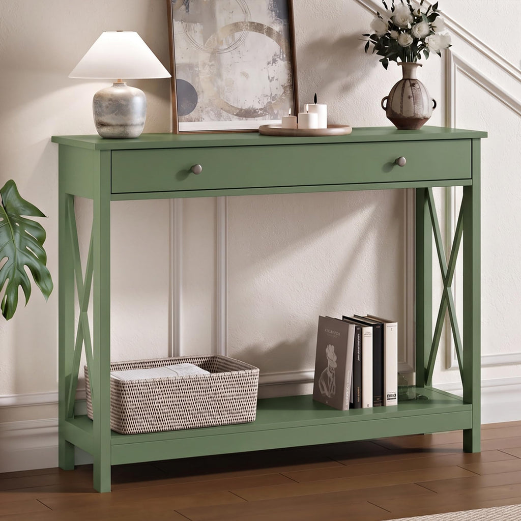 40" Farmhouse Console Table with Drawer and Storage Shelves