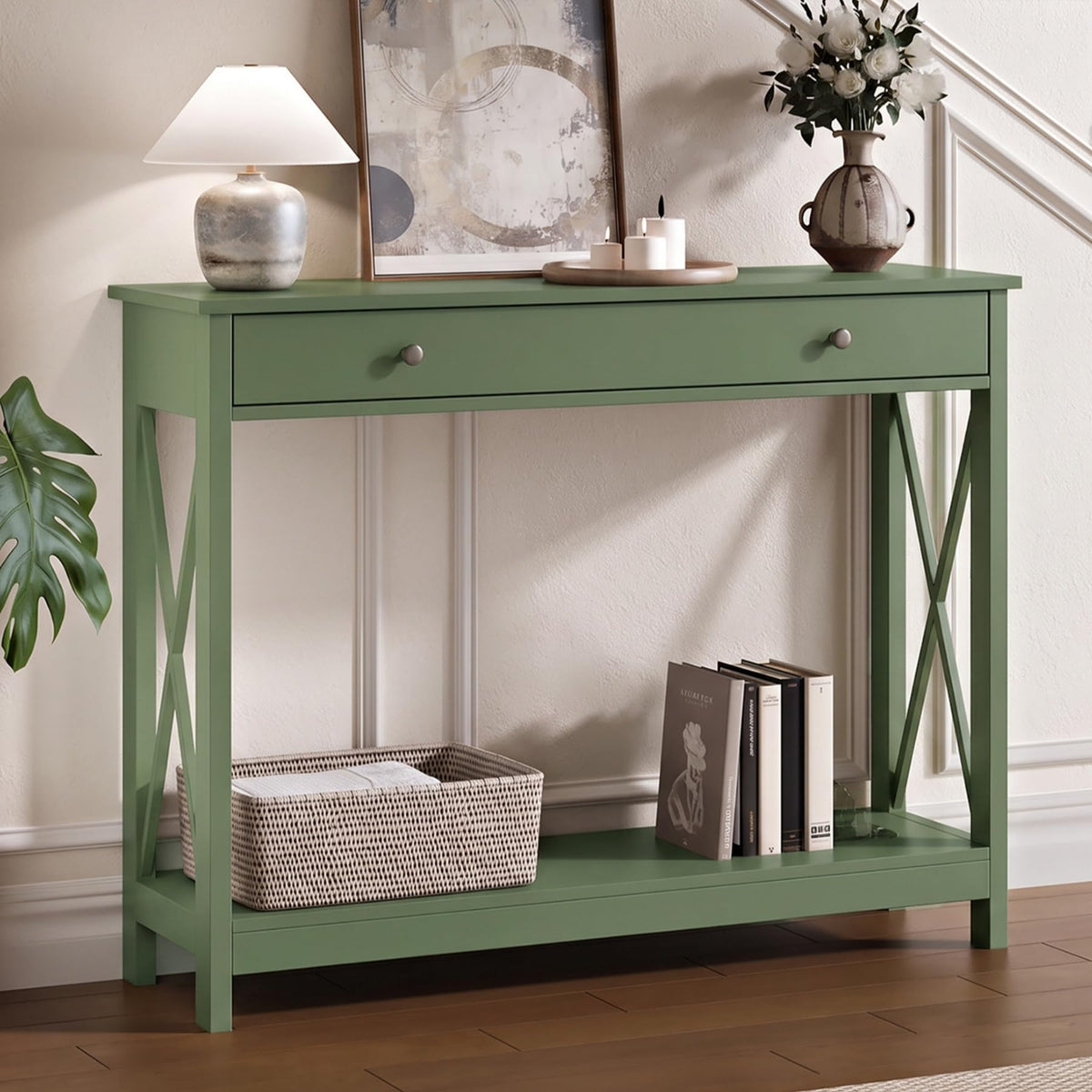 40" Farmhouse Console Table with Drawer and Storage Shelves