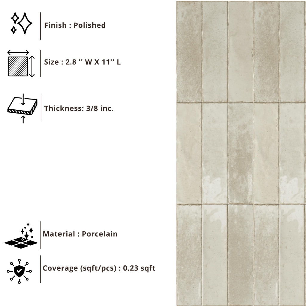 Cream Ivory Zellige Porcelain Subway Tile 3x11 Inch, Polished Finish, Handmade Look, Indoor Outdoor Floor & Wall