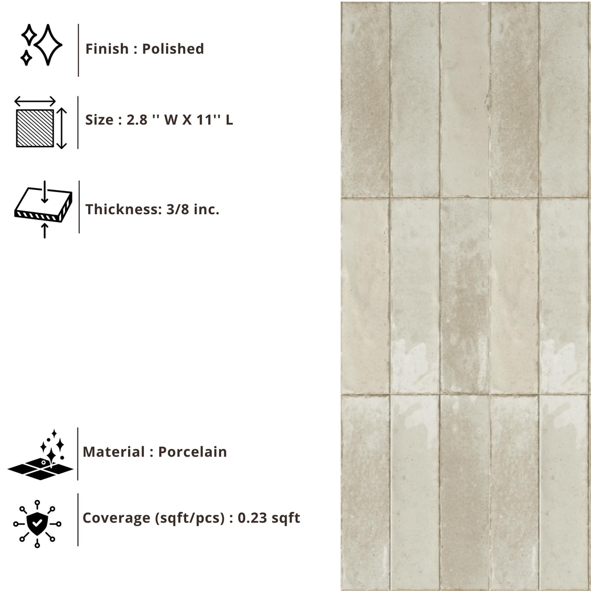 Cream Ivory Zellige Porcelain Subway Tile 3x11 Inch, Polished Finish, Handmade Look, Indoor Outdoor Floor & Wall