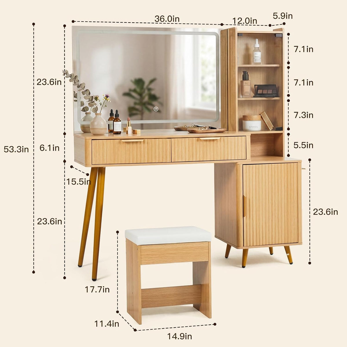 40" Fluted Makeup Vanity Desk with Lighted Mirror, Glass Top & Charging Station, Vanity Set with Upholstered Stool