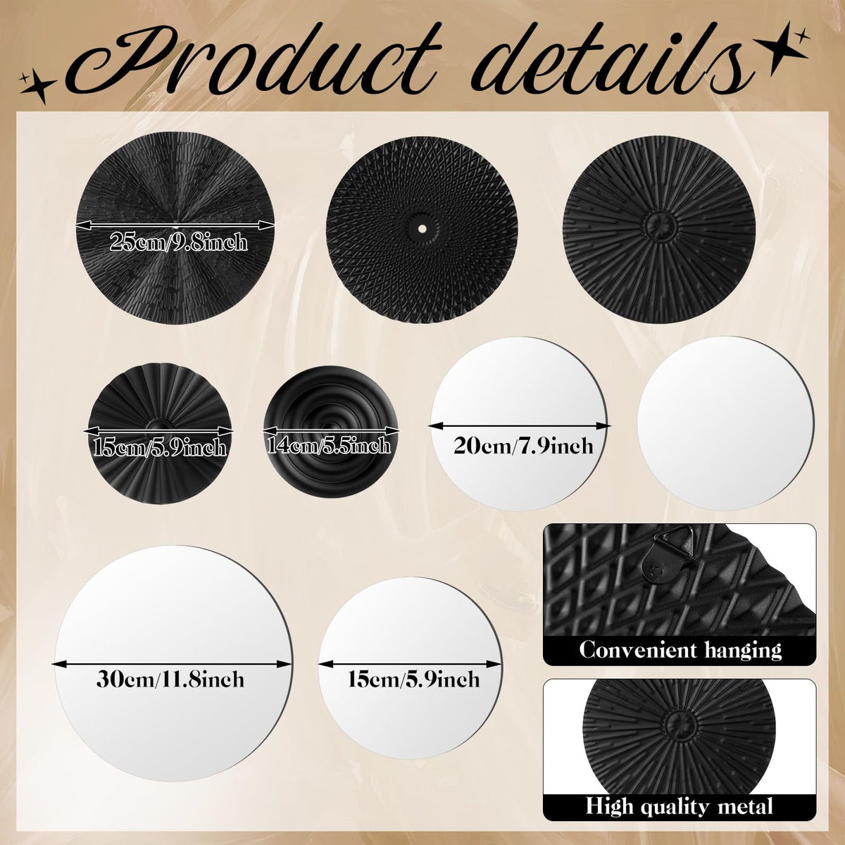 9 Pcs Black Mirror Wall Decor Metal Round