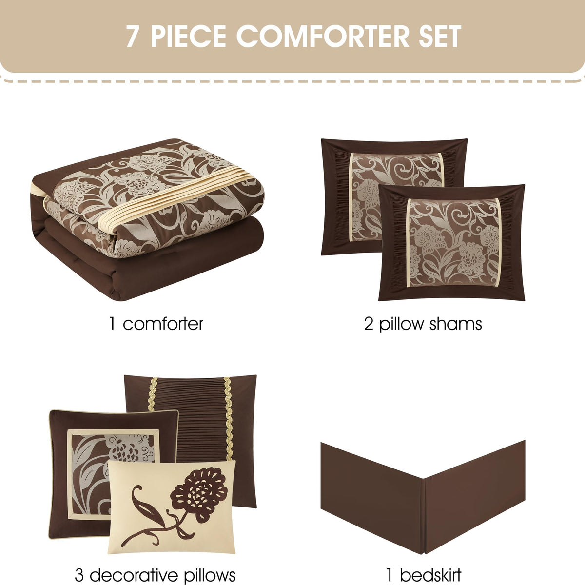 Brown Gold Comforter Set, 7 Piece Jacquard Floral Bedding Set, All Season, Ultra-Soft, Matching Pillows &