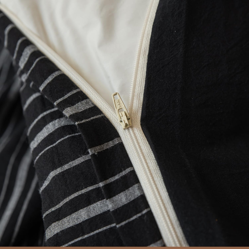 Pinstripe Duvet Cover 100% Washed Cotton 3 Pieces Set 1 Black Vertical Striped Duvet Cover with Zipper Ties 2