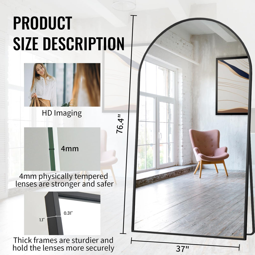 76" x 37" Arched Full Length Mirror with Stand, Black Floor Mirror