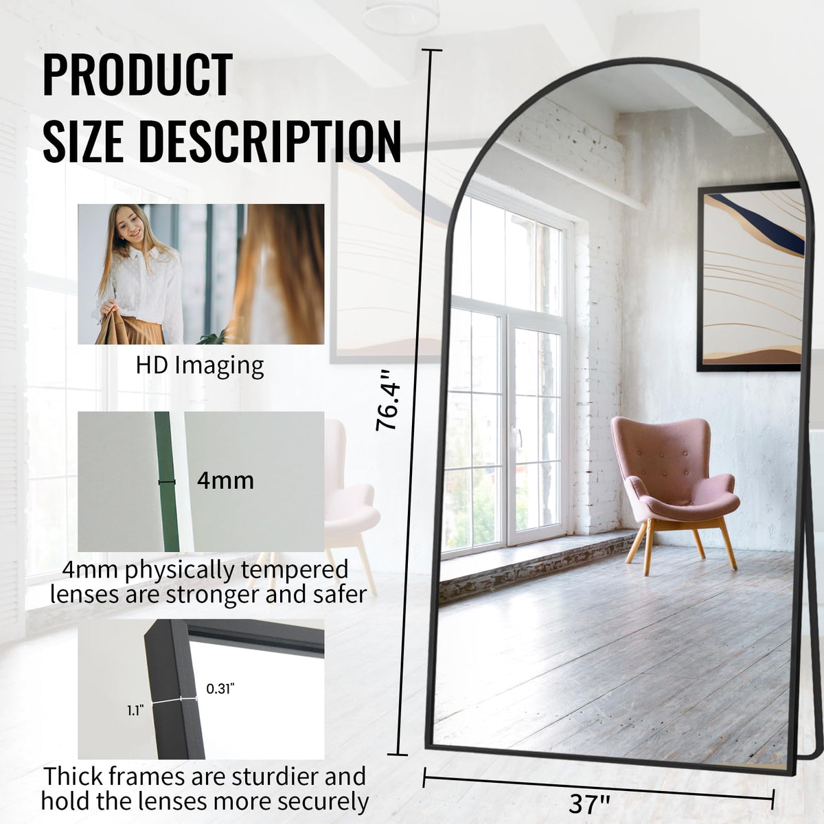 76" x 37" Arched Full Length Mirror with Stand, Black Floor Mirror