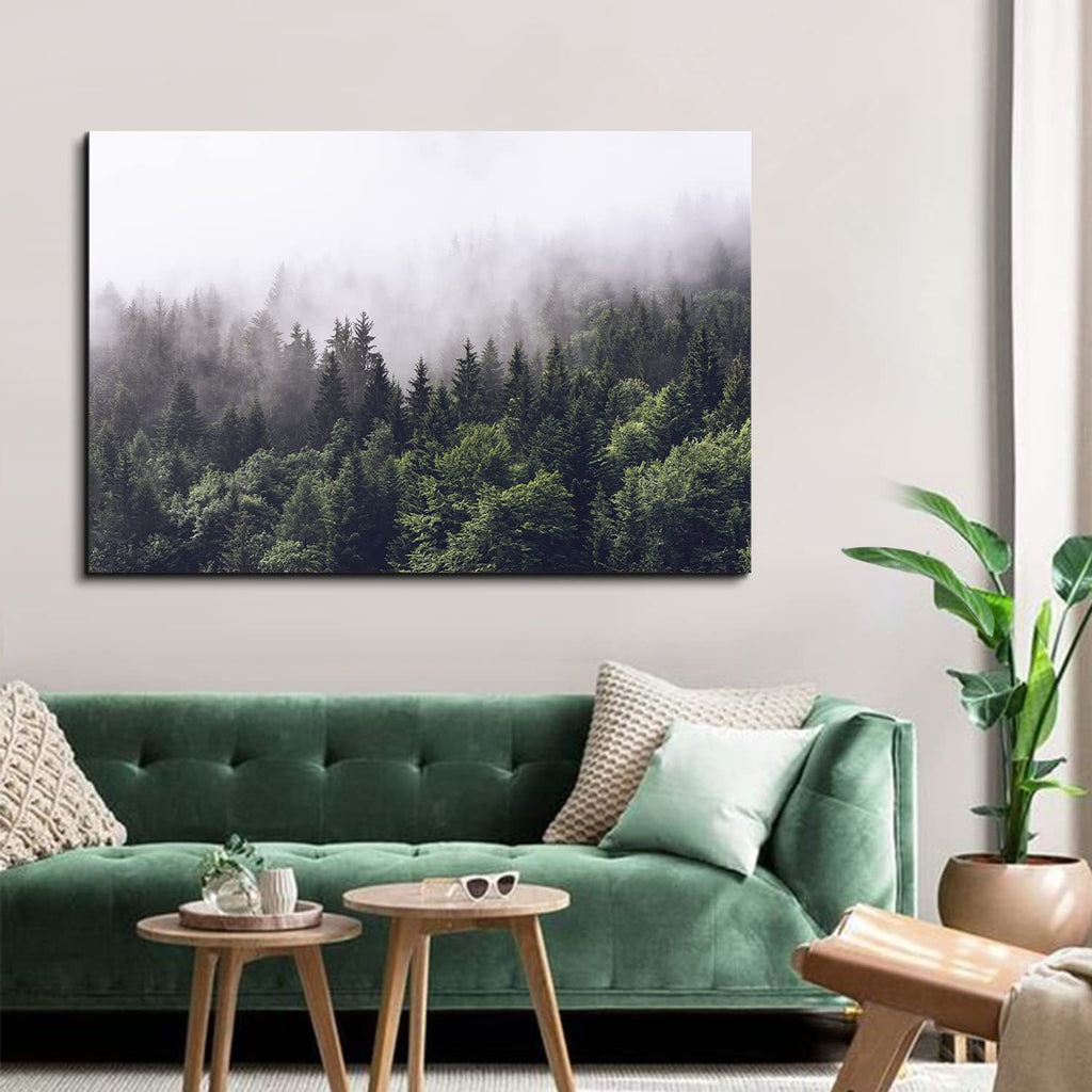 Pine Tree Canvas Wall Art Kitchen, Rustic Misty Foggy Forest Scenery Picture Wall Decor Nature Mountain Landscape