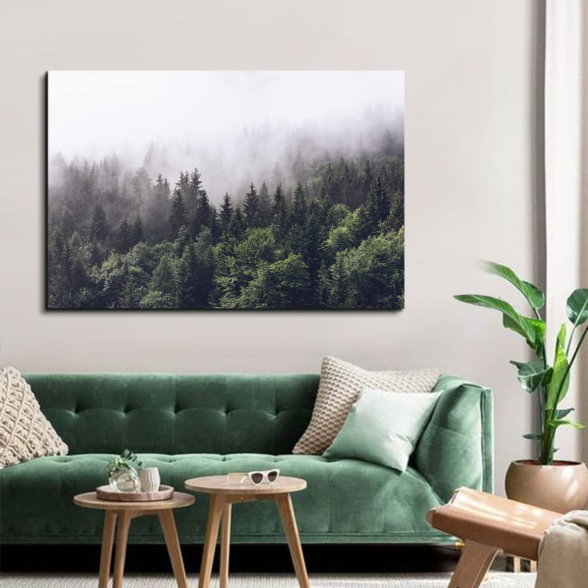 Pine Tree Canvas Wall Art Kitchen, Rustic Misty Foggy Forest Scenery Picture Wall Decor Nature Mountain Landscape