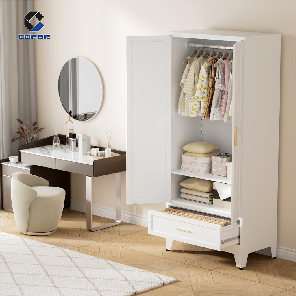Metal Armoire Wardrobe Closet with Drawer, 71'' Tall Farmhouse Bedroom Armoires with Doors and Hanging Rod