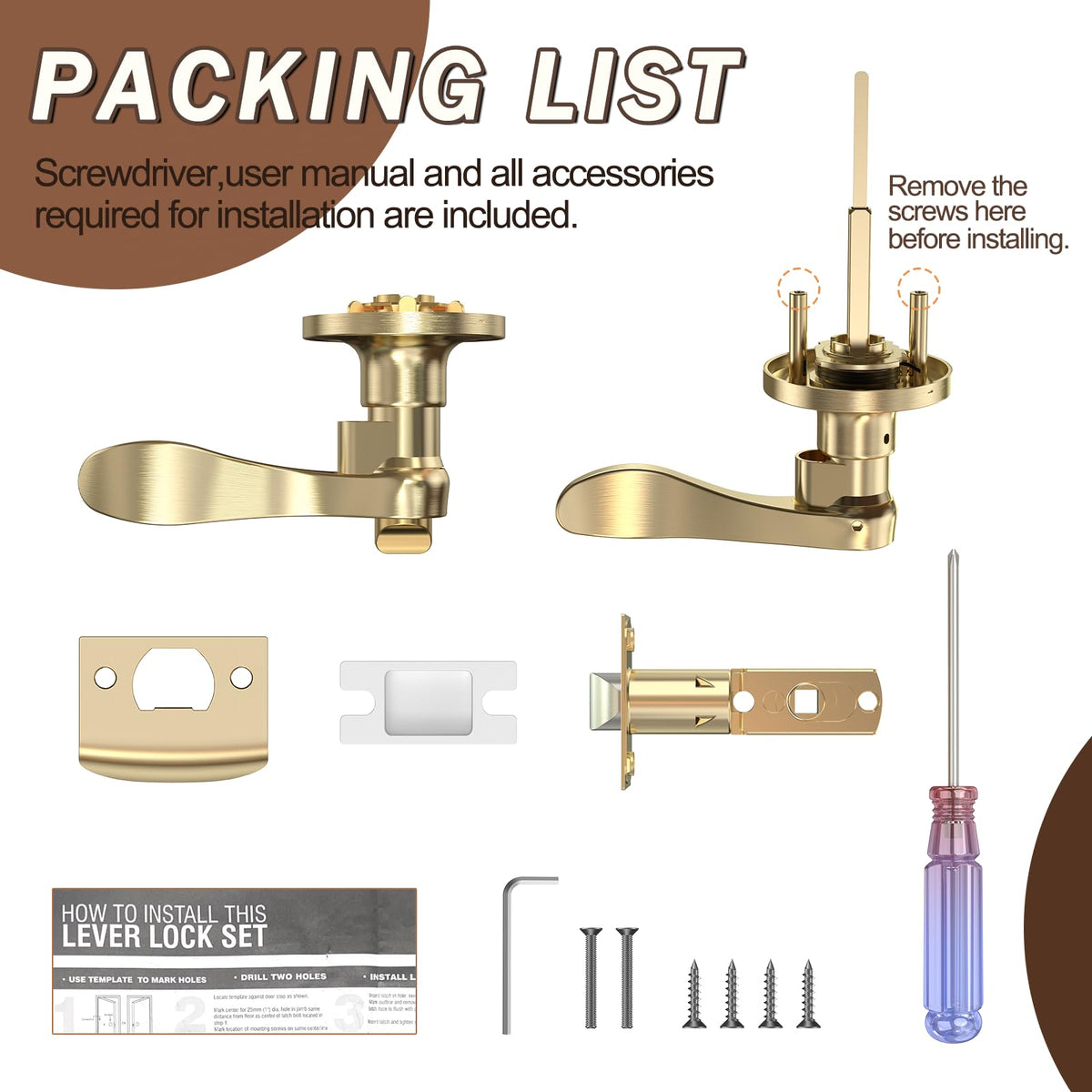 Privacy Door Handle Lock, Stain Nickel Interior Door Handles with Screwdriver, Privacy Function Door Levers Bathroom