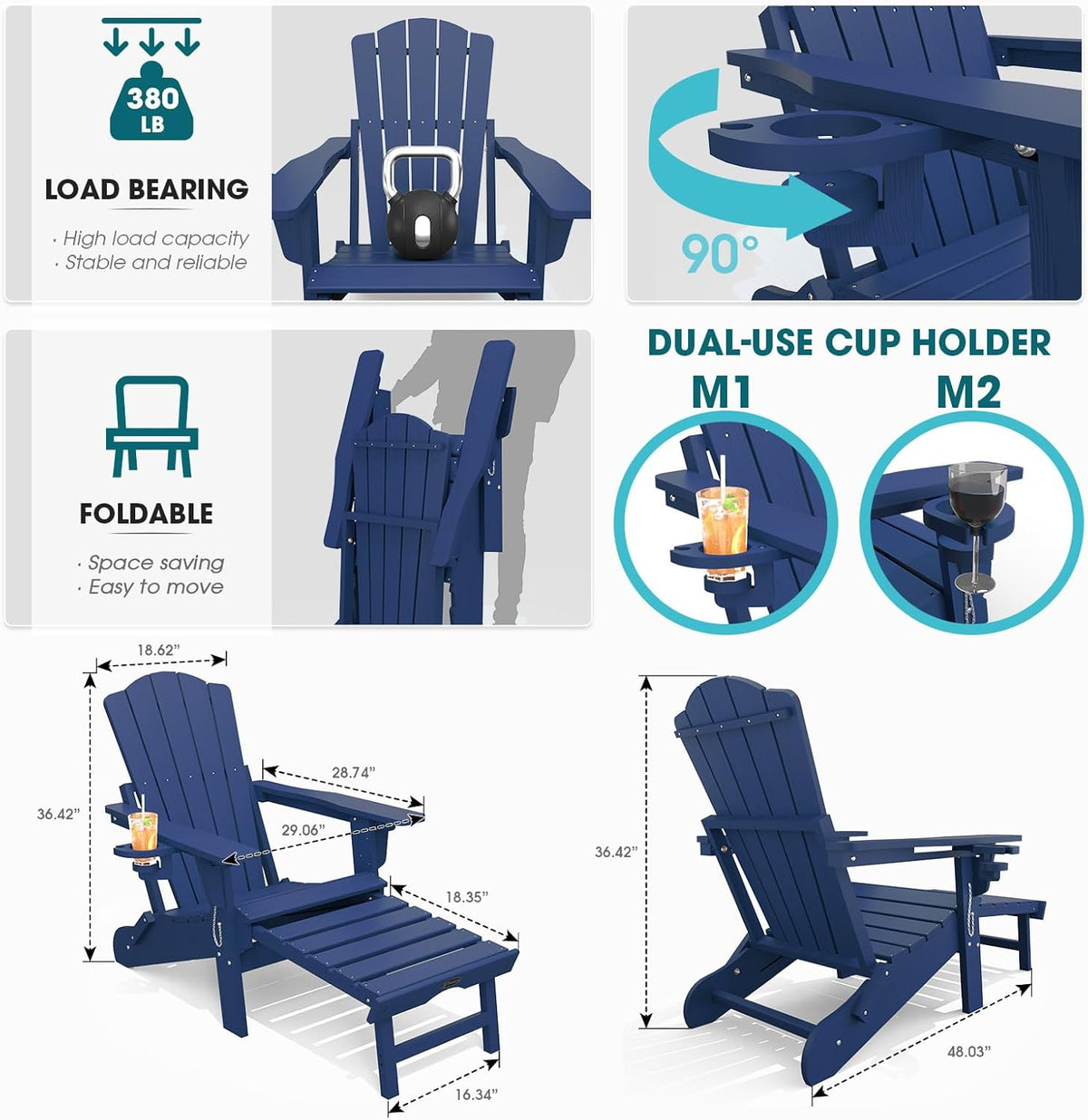 Folding Adirondack Chairs Set of 2, Outdoor Patio Fire Pit Chairs | Adjustable HDPE Chairs with Footrest, Retractable