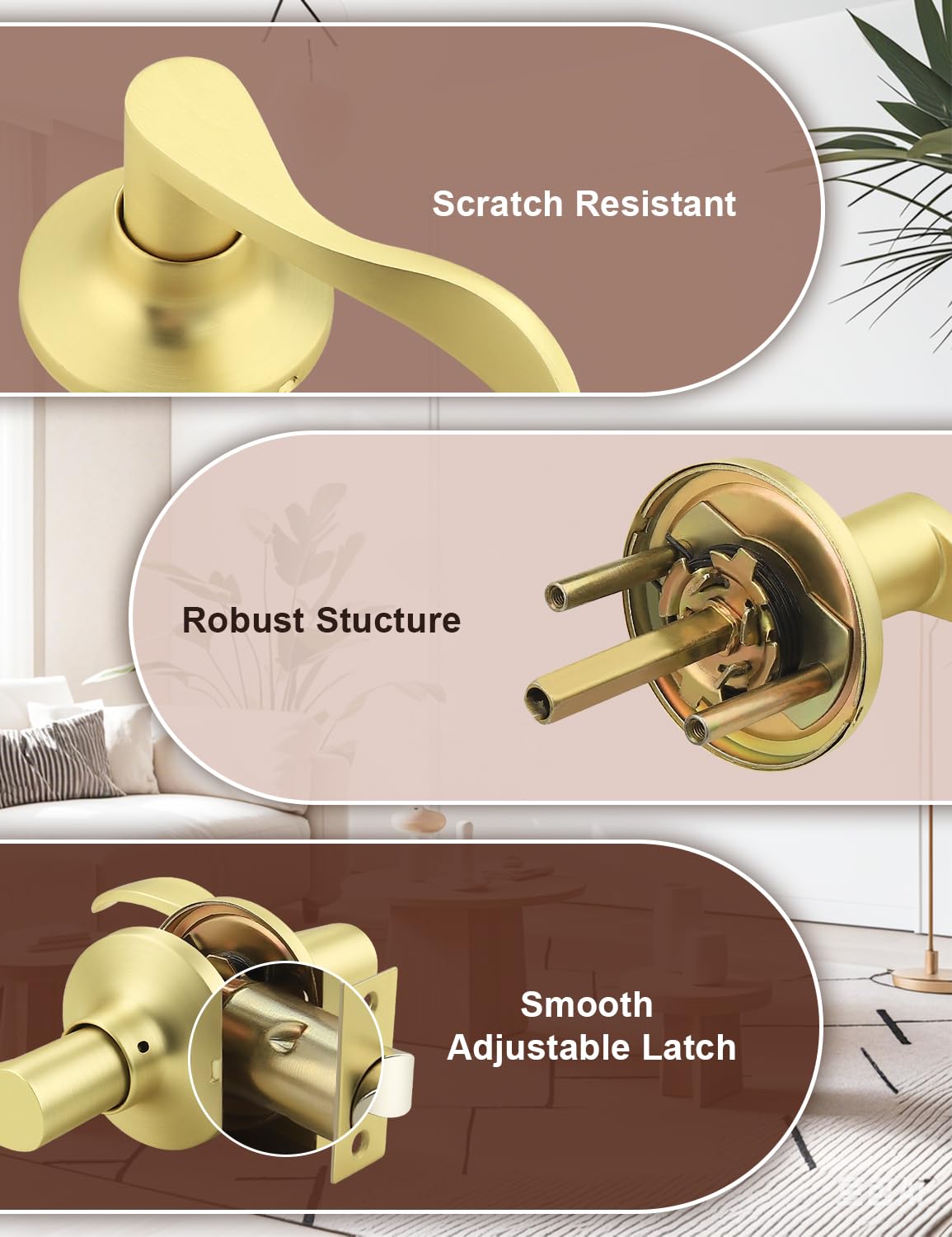 1 Pack Gold Modern Interior Passage Door Handles, Keyless Door Knob & Closet, Wave Style Non-Locking Door Lever