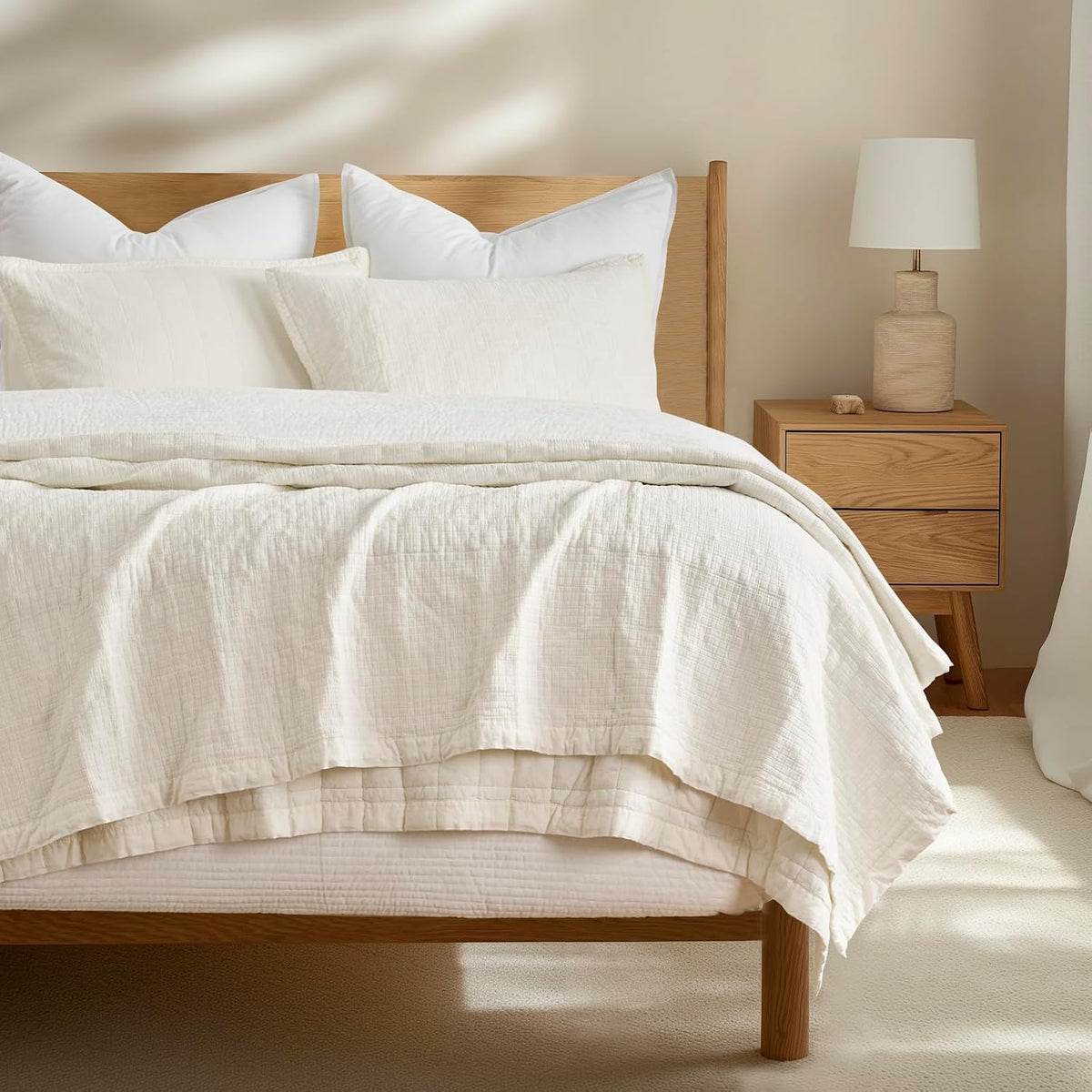 Cotton Quilt Set King, Ultra Soft Oversized Bedspread Coverlet Set, Lightweight Crinkle Box Stitch
