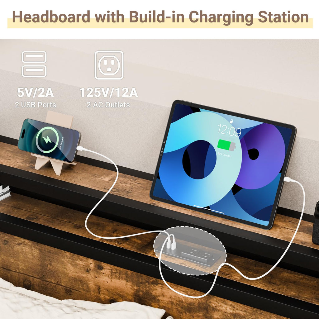 Bed Frame with Headboard, with Charging Station, Metal Platform Bedframe No Box Spring Needed