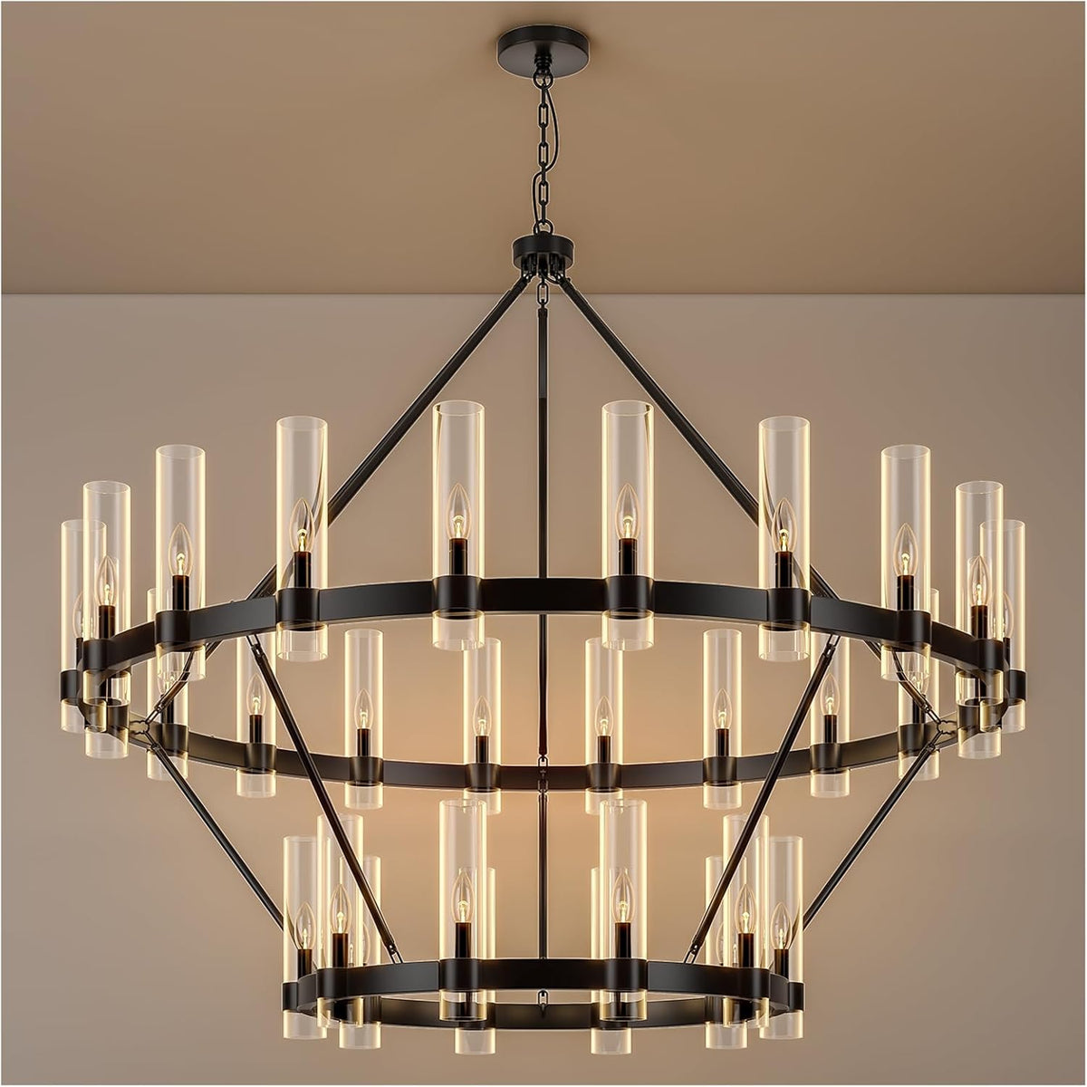 Inspired Ravelle Style 60 Inch Black Wagon Wheel Chandelier 2 Tier with Glass Shade, 30 Lights, Modern Farmhouse Style, Ideal for Dining Room, Kitchen, Entryways