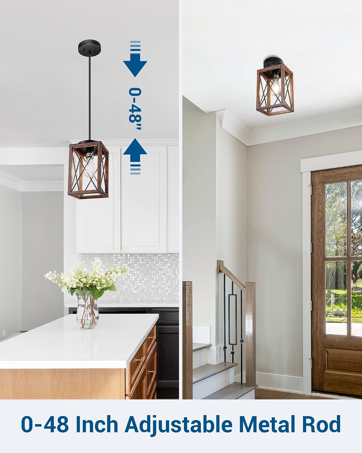 Farmhouse Pendant Light, Metal Hanging Light Fixture with Wooden Grain Finish, 48 Inch Adjustable Pipes for Flat and Slop Ceiling, Kitchen Island, Bedroom, Dining Hall, E26 Base